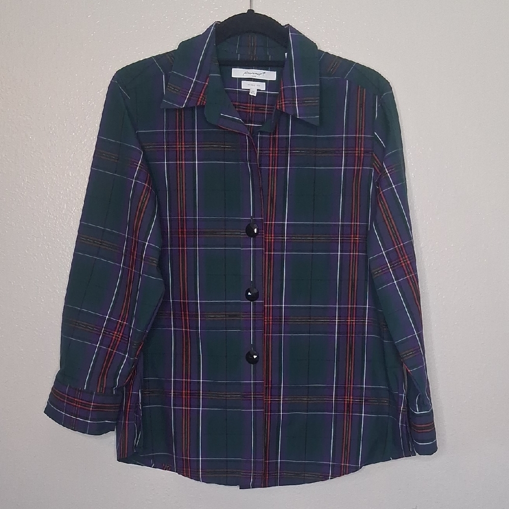 Foxcroft Button Shirt Green Purple Gold Sparkle Holiday Wrinkle Free Shaped 12